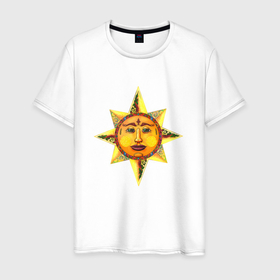 Мужская футболка хлопок с принтом Солнца лик в Екатеринбурге, 100% хлопок | прямой крой, круглый вырез горловины, длина до линии бедер, слегка спущенное плечо. | gwaenor | sun | весна | лето | радость | с | символ | символика | славянская | солнце | этно