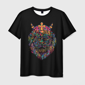 Мужская футболка 3D с принтом Неоновый королевский лев в Белгороде, 100% полиэфир | прямой крой, круглый вырез горловины, длина до линии бедер | арт | дикий зверь | дикое животное | животное | зверь | король | корона | краска | лев | мазки | мазки краски | мозаика | рисунок