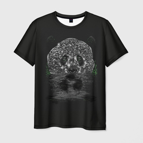 Мужская футболка 3D с принтом Отражение панды ночью в Новосибирске, 100% полиэфир | прямой крой, круглый вырез горловины, длина до линии бедер | арт | дикий зверь | дикое животное | животное | зверь | краска | мазки | мазки краски | медведь | мозаика | ночь | отражение | панда | рисунок