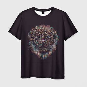 Мужская футболка 3D с принтом Красочный неоновый лев в Екатеринбурге, 100% полиэфир | прямой крой, круглый вырез горловины, длина до линии бедер | Тематика изображения на принте: арт | дикий зверь | дикое животное | животное | зверь | краска | лев | мазки | мазки краски | мозаика | рисунок