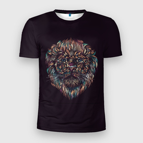 Мужская футболка 3D Slim с принтом Красочный неоновый лев в Санкт-Петербурге, 100% полиэстер с улучшенными характеристиками | приталенный силуэт, круглая горловина, широкие плечи, сужается к линии бедра | арт | дикий зверь | дикое животное | животное | зверь | краска | лев | мазки | мазки краски | мозаика | рисунок