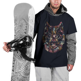 Накидка на куртку 3D с принтом Наблюдающий волк в Курске, 100% полиэстер |  | арт | волк | дикий зверь | дикое животное | животное | зверь | краска | мазки | мазки краски | мозаика | рисунок