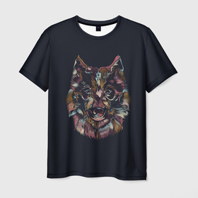 Мужская футболка 3D с принтом Наблюдающий волк в Екатеринбурге, 100% полиэфир | прямой крой, круглый вырез горловины, длина до линии бедер | арт | волк | дикий зверь | дикое животное | животное | зверь | краска | мазки | мазки краски | мозаика | рисунок