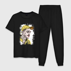Мужская пижама хлопок с принтом Lil Peep в кепке Лил Пип в Екатеринбурге, 100% хлопок | брюки и футболка прямого кроя, без карманов, на брюках мягкая резинка на поясе и по низу штанин
 | Тематика изображения на принте: crybaby | girl | grunge | lil | music | peep | retro | rip | rock | tatoo | аниме | гранж | лил | музыка | надпись | пип | плакса | полосы | реп | розовый | рэп | тату | цыпленок | эмо