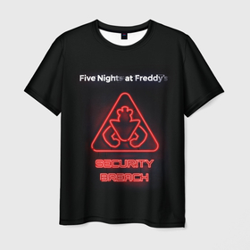 Мужская футболка 3D с принтом Five Nights at Freddys: Security Breach logo в Санкт-Петербурге, 100% полиэфир | прямой крой, круглый вырез горловины, длина до линии бедер | 5 ночей с фредди | five nights at freddys | security breach | аниматроники | игра | компьютерная игра | лого | логотип | фредди | фреди