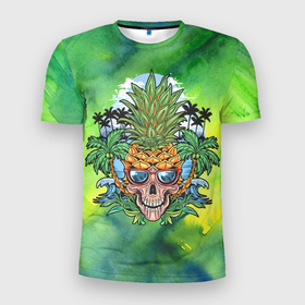 Мужская футболка 3D Slim с принтом Стильный ананас в Петрозаводске, 100% полиэстер с улучшенными характеристиками | приталенный силуэт, круглая горловина, широкие плечи, сужается к линии бедра | ананас | арт | графика | лето | море | пальмы | сезон | фрукт
