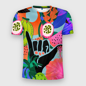 Мужская футболка 3D Slim с принтом Лето хипстера в Тюмени, 100% полиэстер с улучшенными характеристиками | приталенный силуэт, круглая горловина, широкие плечи, сужается к линии бедра | лето | отдых | растение | фрукты | цветы