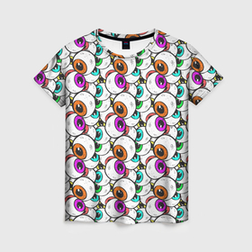 Женская футболка 3D с принтом Глаза разноцветные паттерны в Петрозаводске, 100% полиэфир ( синтетическое хлопкоподобное полотно) | прямой крой, круглый вырез горловины, длина до линии бедер | глаз | зрачок | уличный стиль | штрих | яблоко