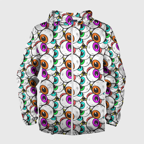 Мужская ветровка 3D с принтом Глаза разноцветные в Новосибирске, 100% полиэстер | подол и капюшон оформлены резинкой с фиксаторами, два кармана без застежек по бокам, один потайной карман на груди | глаз | зрачок | уличный стиль | штрих | яблоко