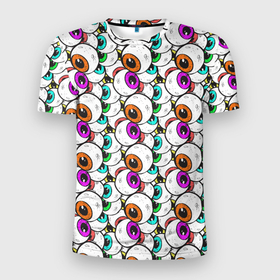 Мужская футболка 3D Slim с принтом Глаза разноцветные в Новосибирске, 100% полиэстер с улучшенными характеристиками | приталенный силуэт, круглая горловина, широкие плечи, сужается к линии бедра | глаз | зрачок | уличный стиль | штрих | яблоко