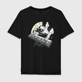 Мужская футболка хлопок Oversize с принтом Space music в Тюмени, 100% хлопок | свободный крой, круглый ворот, “спинка” длиннее передней части | astronaut | gloves | moon | music | space | spacesuit | star | звезда | космонавт | космос | луна | музыка | перчатки | скафандр