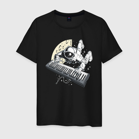 Мужская футболка хлопок с принтом Space music в Новосибирске, 100% хлопок | прямой крой, круглый вырез горловины, длина до линии бедер, слегка спущенное плечо. | astronaut | gloves | moon | music | space | spacesuit | star | звезда | космонавт | космос | луна | музыка | перчатки | скафандр