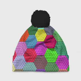 Шапка 3D c помпоном с принтом Геометрический узор   Pattern в Тюмени, 100% полиэстер | универсальный размер, печать по всей поверхности изделия | abstruction | color | cube | geometry | pattern | абстракция | геометрия | куб | узор | цвет