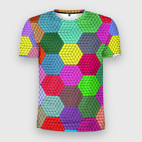 Мужская футболка 3D Slim с принтом Геометрический узор   Pattern , 100% полиэстер с улучшенными характеристиками | приталенный силуэт, круглая горловина, широкие плечи, сужается к линии бедра | abstruction | color | cube | geometry | pattern | абстракция | геометрия | куб | узор | цвет
