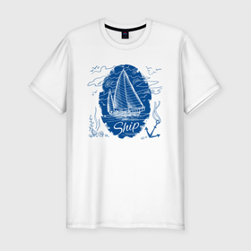 Мужская футболка хлопок Slim с принтом Marine theme в Петрозаводске, 92% хлопок, 8% лайкра | приталенный силуэт, круглый вырез ворота, длина до линии бедра, короткий рукав | anchor | cloud | ocean | sea | seagull | ship | wave | волна | корабль | море | облако | океан | чайка | якорь