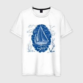 Мужская футболка хлопок с принтом Marine theme в Новосибирске, 100% хлопок | прямой крой, круглый вырез горловины, длина до линии бедер, слегка спущенное плечо. | anchor | cloud | ocean | sea | seagull | ship | wave | волна | корабль | море | облако | океан | чайка | якорь