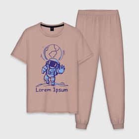 Мужская пижама хлопок с принтом Lorem Ipsum   Space в Курске, 100% хлопок | брюки и футболка прямого кроя, без карманов, на брюках мягкая резинка на поясе и по низу штанин
 | astronaut | gesture | hand | meme | planet | spacesuit | жест | космонавт | мем | планета | рука | скафандр