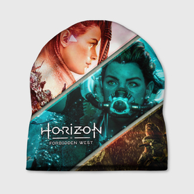 Шапка 3D с принтом HORIZON FORBIDDEN WEST   ALOYS JOURNEY в Петрозаводске, 100% полиэстер | универсальный размер, печать по всей поверхности изделия | aloy | forbidden west | horizon | zero dawn | динозавры | киборг | робот | элой