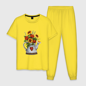 Мужская пижама хлопок с принтом Лейка с цветами , 100% хлопок | брюки и футболка прямого кроя, без карманов, на брюках мягкая резинка на поясе и по низу штанин
 | весна | лейка | лето | подсолнух | солнце | цветок