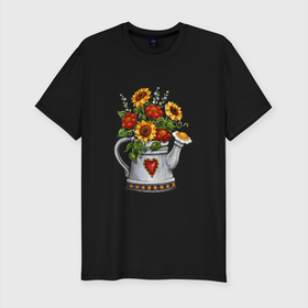 Мужская футболка хлопок Slim с принтом Лейка с цветами в Курске, 92% хлопок, 8% лайкра | приталенный силуэт, круглый вырез ворота, длина до линии бедра, короткий рукав | весна | лейка | лето | подсолнух | солнце | цветок