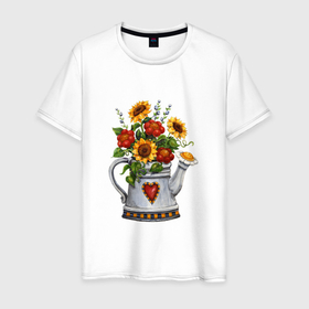 Мужская футболка хлопок с принтом Лейка с цветами в Екатеринбурге, 100% хлопок | прямой крой, круглый вырез горловины, длина до линии бедер, слегка спущенное плечо. | весна | лейка | лето | подсолнух | солнце | цветок