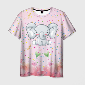 Мужская футболка 3D с принтом слоних в конфетти в Белгороде, 100% полиэфир | прямой крой, круглый вырез горловины, длина до линии бедер | клон | конфетти | праздник | слон | слоненок | слоник