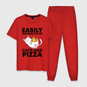 Мужская пижама хлопок с принтом Легко отвлекаюсь на котов и пиццу , 100% хлопок | брюки и футболка прямого кроя, без карманов, на брюках мягкая резинка на поясе и по низу штанин
 | Тематика изображения на принте: dish | fast food | food | pizza | products | блюдо | еда | киса | киска | кисуля | кисуня | кот | котенок | котик | коты | котэ | кошачий | кошечка | кошка | пица | пицца | продукты | фастфуд