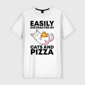 Мужская футболка хлопок Slim с принтом Легко отвлекаюсь на котов и пиццу в Кировске, 92% хлопок, 8% лайкра | приталенный силуэт, круглый вырез ворота, длина до линии бедра, короткий рукав | Тематика изображения на принте: dish | fast food | food | pizza | products | блюдо | еда | киса | киска | кисуля | кисуня | кот | котенок | котик | коты | котэ | кошачий | кошечка | кошка | пица | пицца | продукты | фастфуд