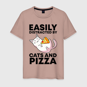 Мужская футболка хлопок с принтом Легко отвлекаюсь на котов и пиццу в Белгороде, 100% хлопок | прямой крой, круглый вырез горловины, длина до линии бедер, слегка спущенное плечо. | Тематика изображения на принте: dish | fast food | food | pizza | products | блюдо | еда | киса | киска | кисуля | кисуня | кот | котенок | котик | коты | котэ | кошачий | кошечка | кошка | пица | пицца | продукты | фастфуд