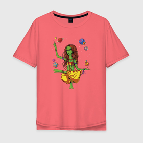 Мужская футболка хлопок Oversize с принтом Нирвана инопланетной женщины в Тюмени, 100% хлопок | свободный крой, круглый ворот, “спинка” длиннее передней части | Тематика изображения на принте: psychedelic | астрономия | гумоноид | душа | звезды | зеленая | инопланетянин | инопланетянка | космос | медитация | метаморфоза | нло | очевидный | планеты | пришелец | психоделика | психоделическая