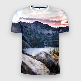 Мужская футболка 3D Slim с принтом Горы на закате в Петрозаводске, 100% полиэстер с улучшенными характеристиками | приталенный силуэт, круглая горловина, широкие плечи, сужается к линии бедра | гора | горы | деревья | закат | каньен | каньон | лес | небо | природа | снежные горы | солнце | туман