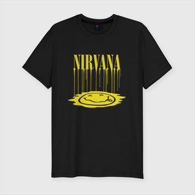 Мужская футболка хлопок Slim с принтом Nirvana Логотип Нирвана в Тюмени, 92% хлопок, 8% лайкра | приталенный силуэт, круглый вырез ворота, длина до линии бедра, короткий рукав | kurt cobain | music | nirvana | rock | кабейн | кобейн | курт | курт кобейн | музыка | нирвана | рок