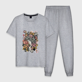Мужская пижама хлопок с принтом милый Тоторо в цветах в Новосибирске, 100% хлопок | брюки и футболка прямого кроя, без карманов, на брюках мягкая резинка на поясе и по низу штанин
 | аниме | мой сосед тоторо | рисунок | хаяо миядзаки | хранитель леса | цветы