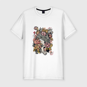 Мужская футболка хлопок Slim с принтом милый Тоторо в цветах в Белгороде, 92% хлопок, 8% лайкра | приталенный силуэт, круглый вырез ворота, длина до линии бедра, короткий рукав | аниме | мой сосед тоторо | рисунок | хаяо миядзаки | хранитель леса | цветы