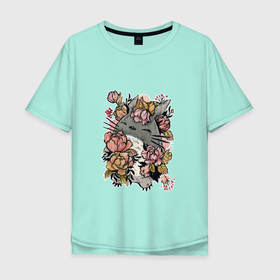 Мужская футболка хлопок Oversize с принтом милый Тоторо в цветах в Новосибирске, 100% хлопок | свободный крой, круглый ворот, “спинка” длиннее передней части | аниме | мой сосед тоторо | рисунок | хаяо миядзаки | хранитель леса | цветы