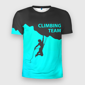 Мужская футболка 3D Slim с принтом скалолаз повис на краю скалы в Тюмени, 100% полиэстер с улучшенными характеристиками | приталенный силуэт, круглая горловина, широкие плечи, сужается к линии бедра | adrenaline | adventure | extreme | hiking | mountaineering | mountains | rockclimbing | rocks | адреналин | альпинизм | горы | скалолазание | скалы | туризм | экстрим