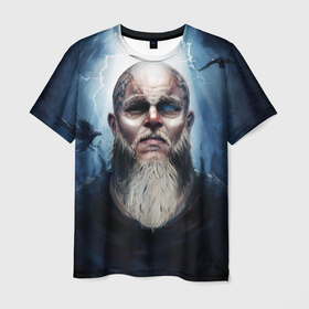 Мужская футболка 3D с принтом сериал Викинги   Рагнар , 100% полиэфир | прямой крой, круглый вырез горловины, длина до линии бедер | nordic | runes | scandinavia | vikings | викинги | вороны | рагнар лодбрук | сериал викинги | скандинавия | фольклор | язычество