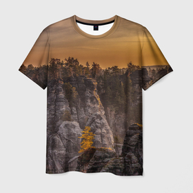 Мужская футболка 3D с принтом ГОРЫ И ЛЕС НА ЗАКАТЕ в Курске, 100% полиэфир | прямой крой, круглый вырез горловины, длина до линии бедер | гора | горы | деревья | закат | каньен | каньон | лес | небо | природа | снежные горы | солнце | туман
