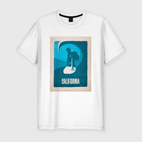 Мужская футболка хлопок Slim с принтом Серфингист   винтажный плакат в Белгороде, 92% хлопок, 8% лайкра | приталенный силуэт, круглый вырез ворота, длина до линии бедра, короткий рукав | винтаж | волны | глубина | море | океан | плавание | плакат | ретро | серфинг
