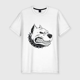Мужская футболка хлопок Slim с принтом Злой питбуль (pit bull) в Белгороде, 92% хлопок, 8% лайкра | приталенный силуэт, круглый вырез ворота, длина до линии бедра, короткий рукав | bull | dog | pit | агрессия | злой | питбуль | собака | шипы