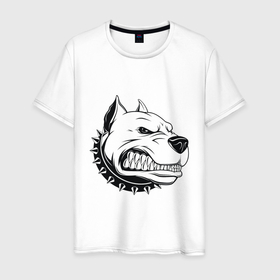 Мужская футболка хлопок с принтом Злой питбуль (pit bull) в Санкт-Петербурге, 100% хлопок | прямой крой, круглый вырез горловины, длина до линии бедер, слегка спущенное плечо. | bull | dog | pit | агрессия | злой | питбуль | собака | шипы