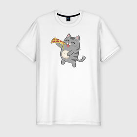 Мужская футболка хлопок Slim с принтом Кот с кусочком пиццы в Курске, 92% хлопок, 8% лайкра | приталенный силуэт, круглый вырез ворота, длина до линии бедра, короткий рукав | dish | fast food | food | pizza | products | блюдо | еда | киса | киска | кисуля | кисуня | кот | котенок | котик | котэ | кошачий | кошечка | кошка | пица | пицца | продукты | фастфуд