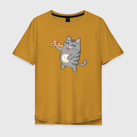 Мужская футболка хлопок Oversize с принтом Кот с кусочком пиццы в Петрозаводске, 100% хлопок | свободный крой, круглый ворот, “спинка” длиннее передней части | dish | fast food | food | pizza | products | блюдо | еда | киса | киска | кисуля | кисуня | кот | котенок | котик | котэ | кошачий | кошечка | кошка | пица | пицца | продукты | фастфуд