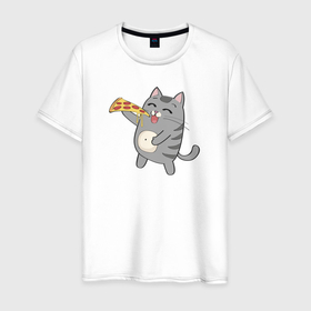 Мужская футболка хлопок с принтом Кот с кусочком пиццы в Кировске, 100% хлопок | прямой крой, круглый вырез горловины, длина до линии бедер, слегка спущенное плечо. | dish | fast food | food | pizza | products | блюдо | еда | киса | киска | кисуля | кисуня | кот | котенок | котик | котэ | кошачий | кошечка | кошка | пица | пицца | продукты | фастфуд