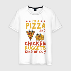 Мужская футболка хлопок с принтом Я люблю пиццу и куринные наггетсы в Новосибирске, 100% хлопок | прямой крой, круглый вырез горловины, длина до линии бедер, слегка спущенное плечо. | dish | fast food | food | pizza | products | блюдо | еда | наггетсы | пица | пицца | продукты | фастфуд