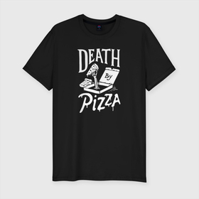 Мужская футболка хлопок Slim с принтом Смерть от пиццы в Петрозаводске, 92% хлопок, 8% лайкра | приталенный силуэт, круглый вырез ворота, длина до линии бедра, короткий рукав | dish | fast food | food | pizza | products | блюдо | еда | зомби | кости | мертвец | пица | пицца | продукты | рука | скелет | фастфуд