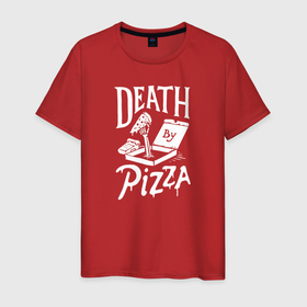 Мужская футболка хлопок с принтом Смерть от пиццы в Курске, 100% хлопок | прямой крой, круглый вырез горловины, длина до линии бедер, слегка спущенное плечо. | dish | fast food | food | pizza | products | блюдо | еда | зомби | кости | мертвец | пица | пицца | продукты | рука | скелет | фастфуд