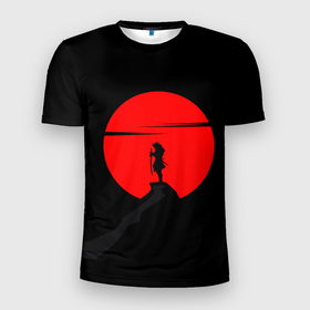 Мужская футболка 3D Slim с принтом SAMURAI RED MOON в Тюмени, 100% полиэстер с улучшенными характеристиками | приталенный силуэт, круглая горловина, широкие плечи, сужается к линии бедра | азия | воин | итачи | катана | кимоно | китай | красная луна | кровавая луна | меч | ниндзя | ночь | путь | сакура | самурай | сегун | секира | харакири | черная | черное | черный | япония