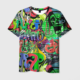 Мужская футболка 3D с принтом Граффити с черепами в Петрозаводске, 100% полиэфир | прямой крой, круглый вырез горловины, длина до линии бедер | Тематика изображения на принте: гранж | граффити | краска | уличный стиль | череп | шрифт