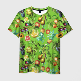 Мужская футболка 3D с принтом Сочные фрукты паттерн в Санкт-Петербурге, 100% полиэфир | прямой крой, круглый вырез горловины, длина до линии бедер | виноград | лето | лимон | сочные | фрукты | ягоды
